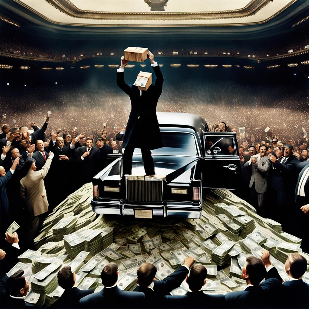 A Man Throws Money from a High-Rise Limousine in a Vibrant,...