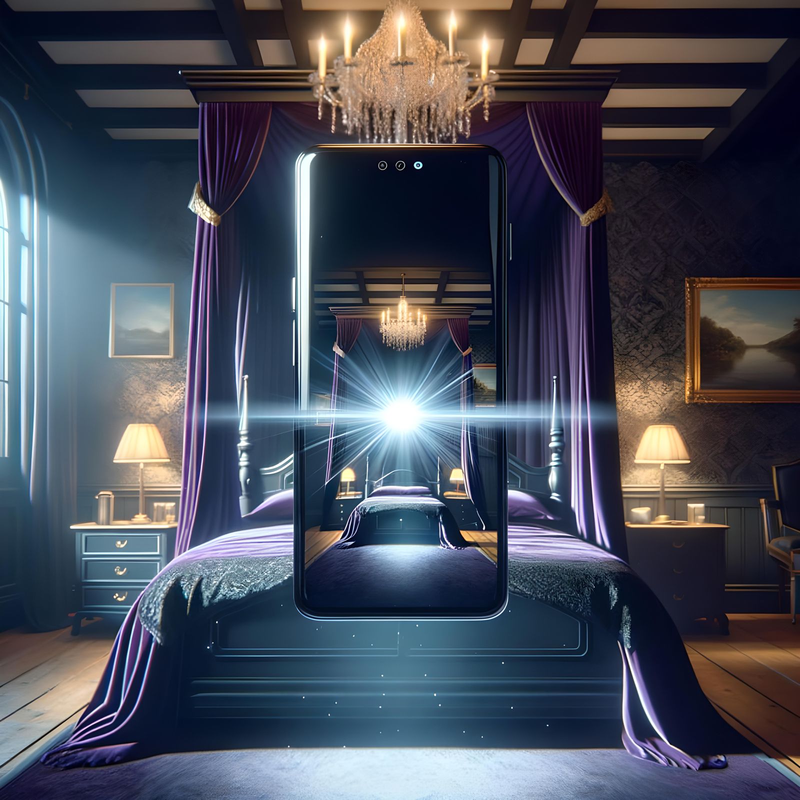 Surreal Smartphone Floats in Mid-Air in Luxurious Castle Bed...