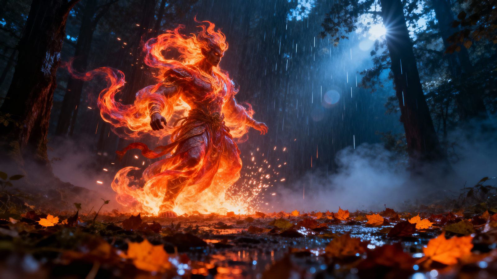 Mighty Jinn Emits Blazing Light in Shadowy Forest Clearing