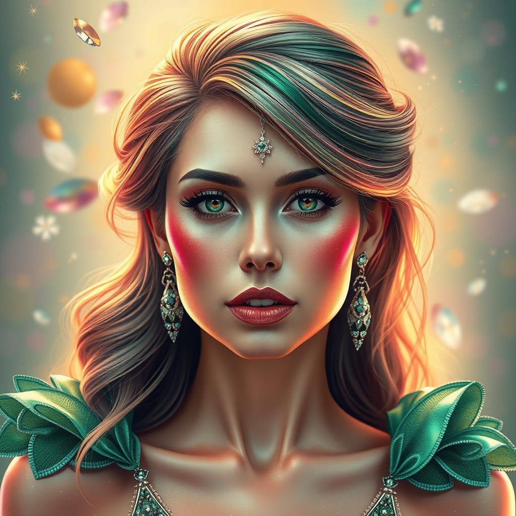 Seductive Redhead in Metallic Swimsuit, Hyperrealistic Style