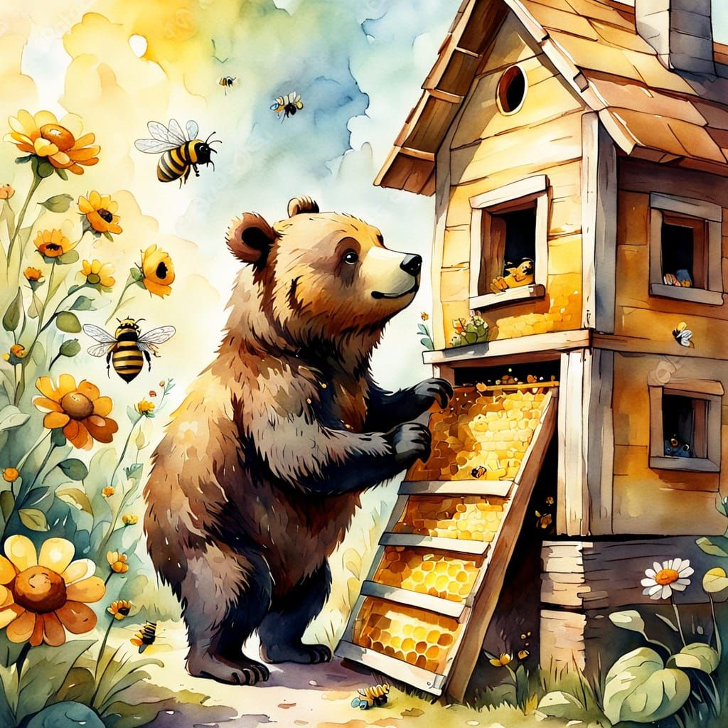 Little Bear Builds a Beehive: Watercolor Art