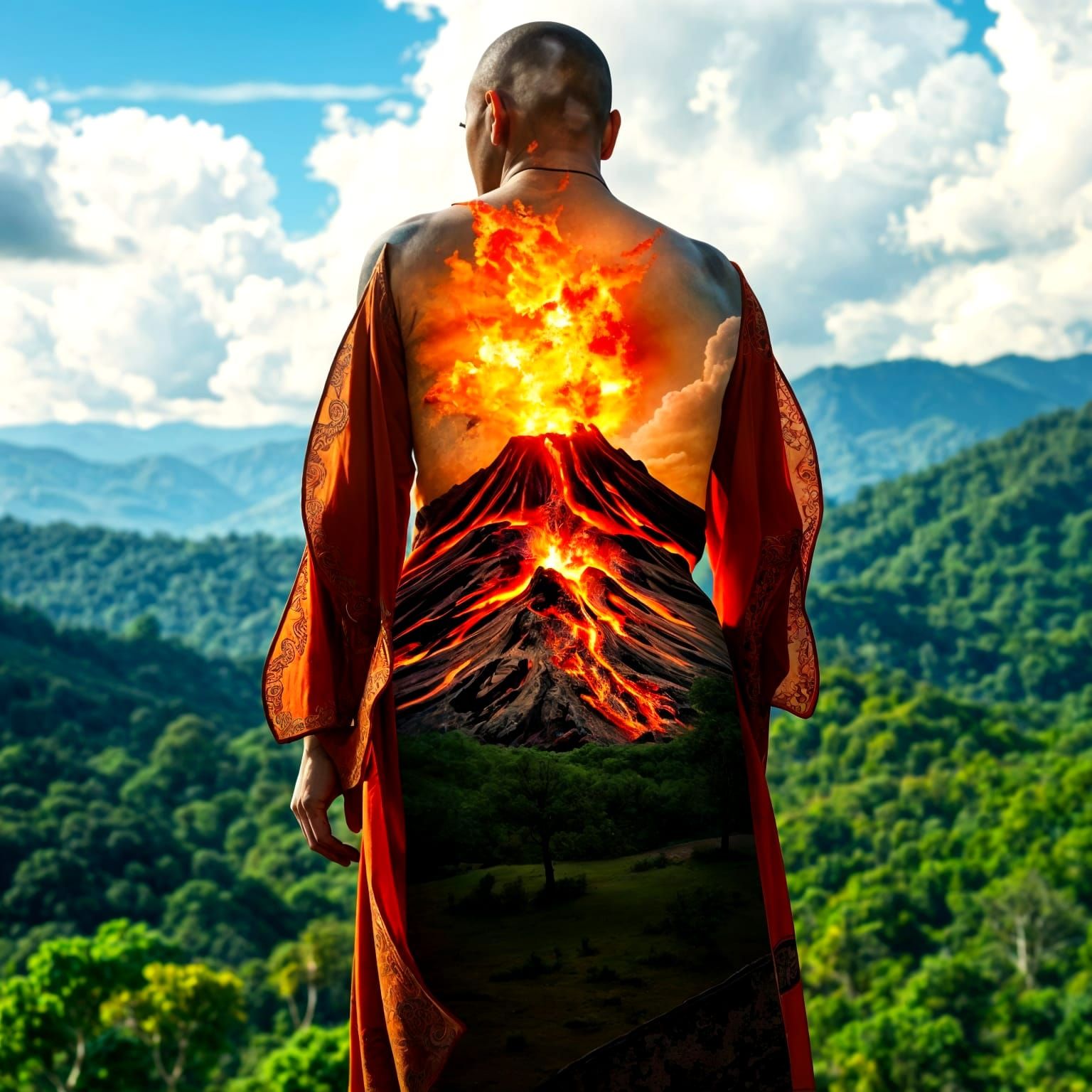 Vibrant Eruption Scene in Triadic Colors