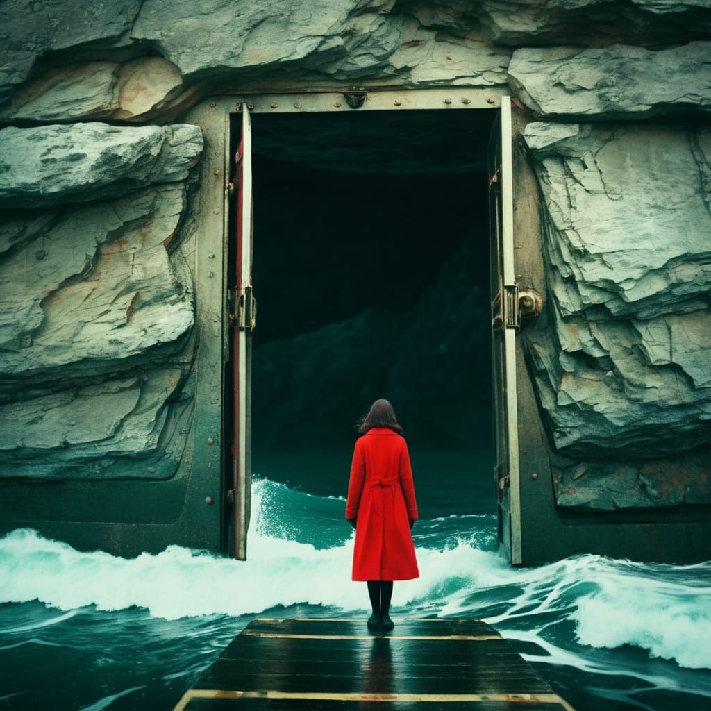 Woman in Red Coat Faces Megalithic Door