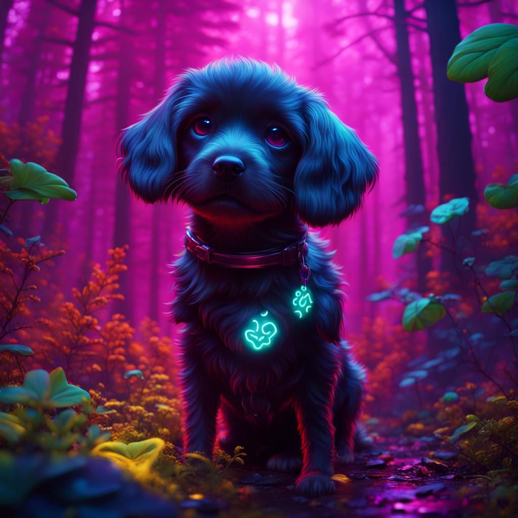 Surreal Neon Wonderland with a Faithful Puppy Companion