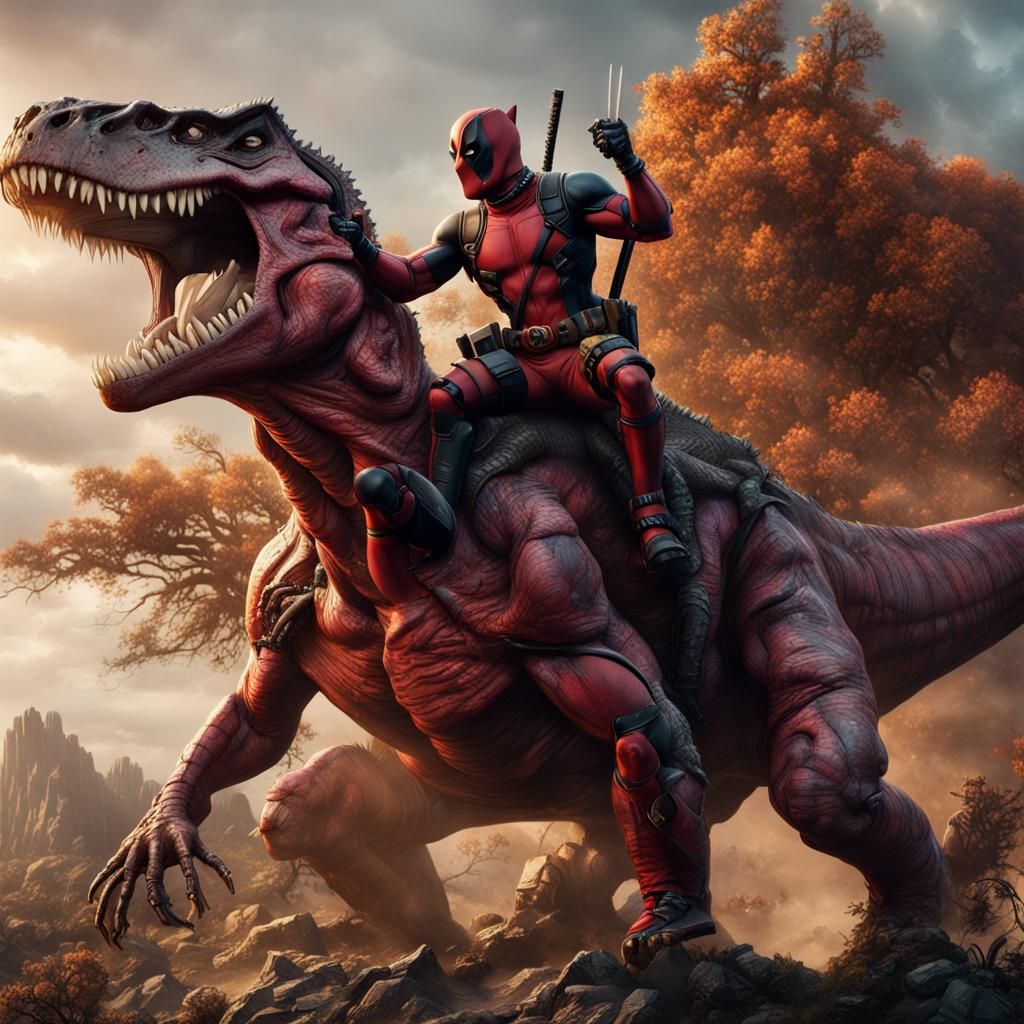 Deadpool and Wolverine Ride a Majestic T-Rex in Fantasy Conc...