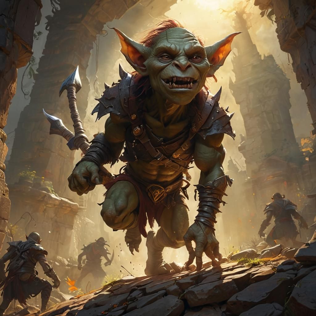 Goblin Overlooks Mystical Realm in Vibrant Golden Hour