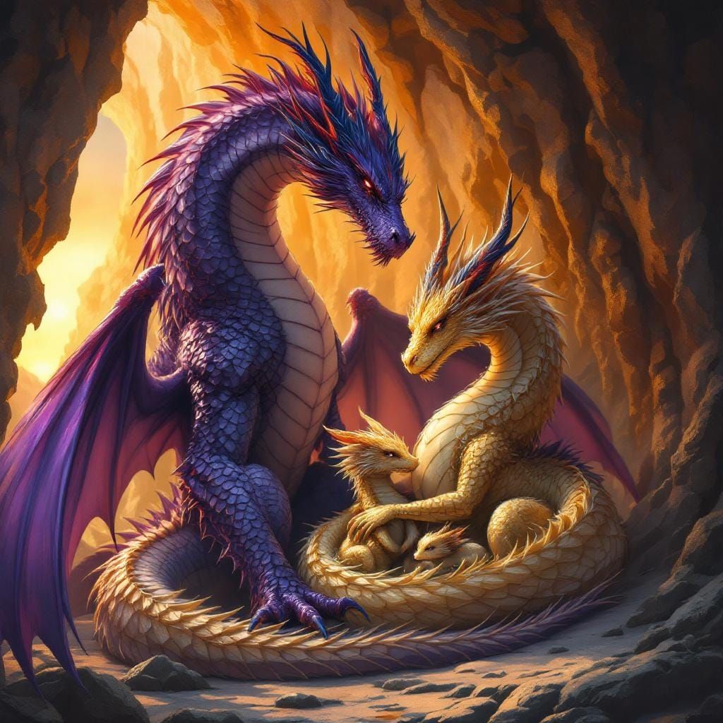 Majestic Dragon Family in a Glowing Cave