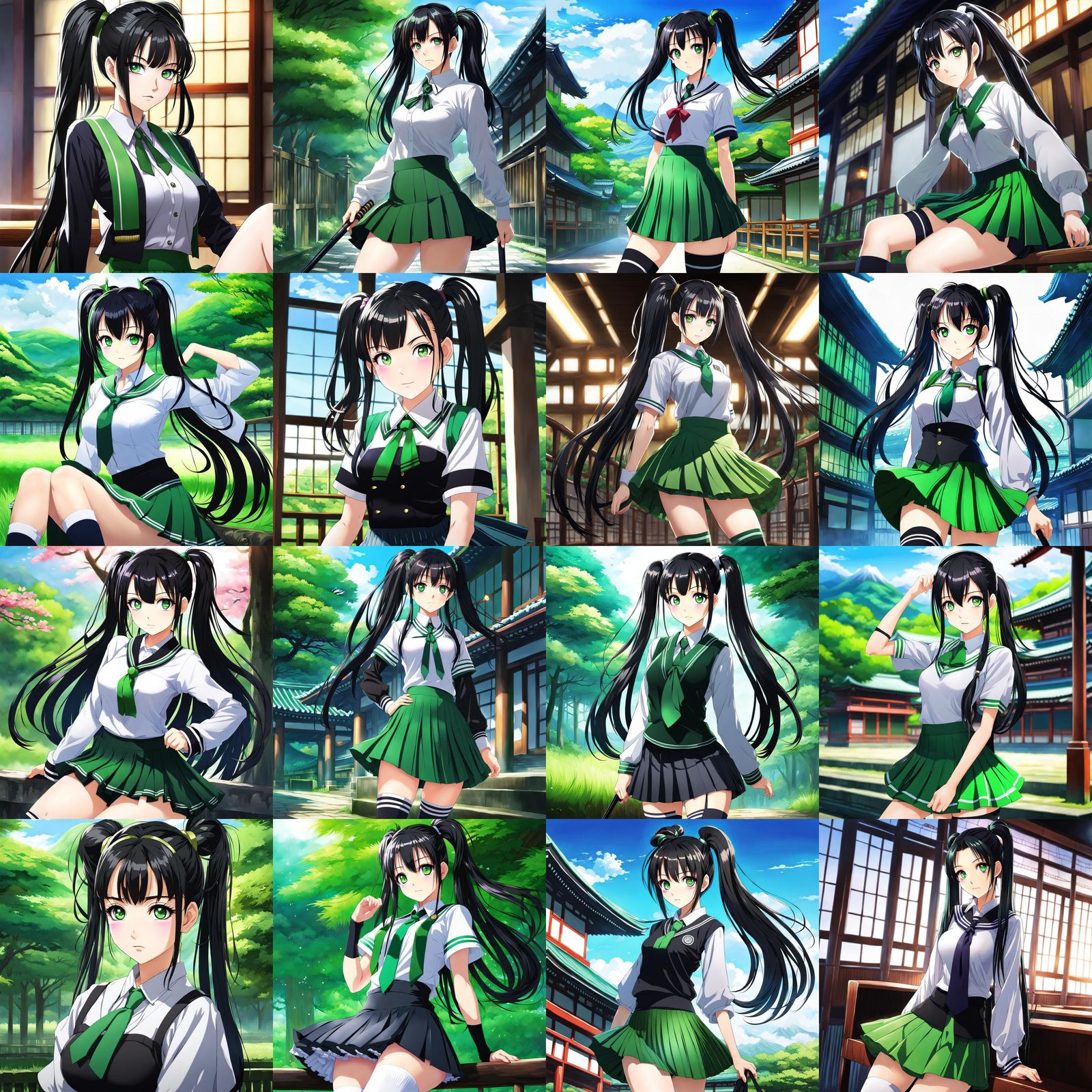 Anime Schoolgirl with Vibrant Green Eyes in Beautiful Japane...