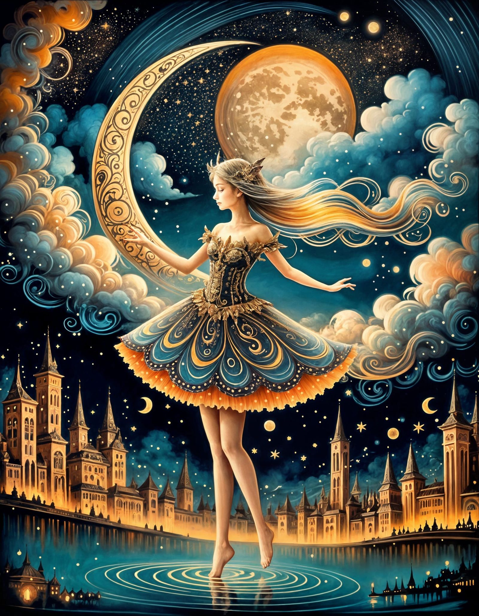Whimsical City of Dreams Under Celestial Glow