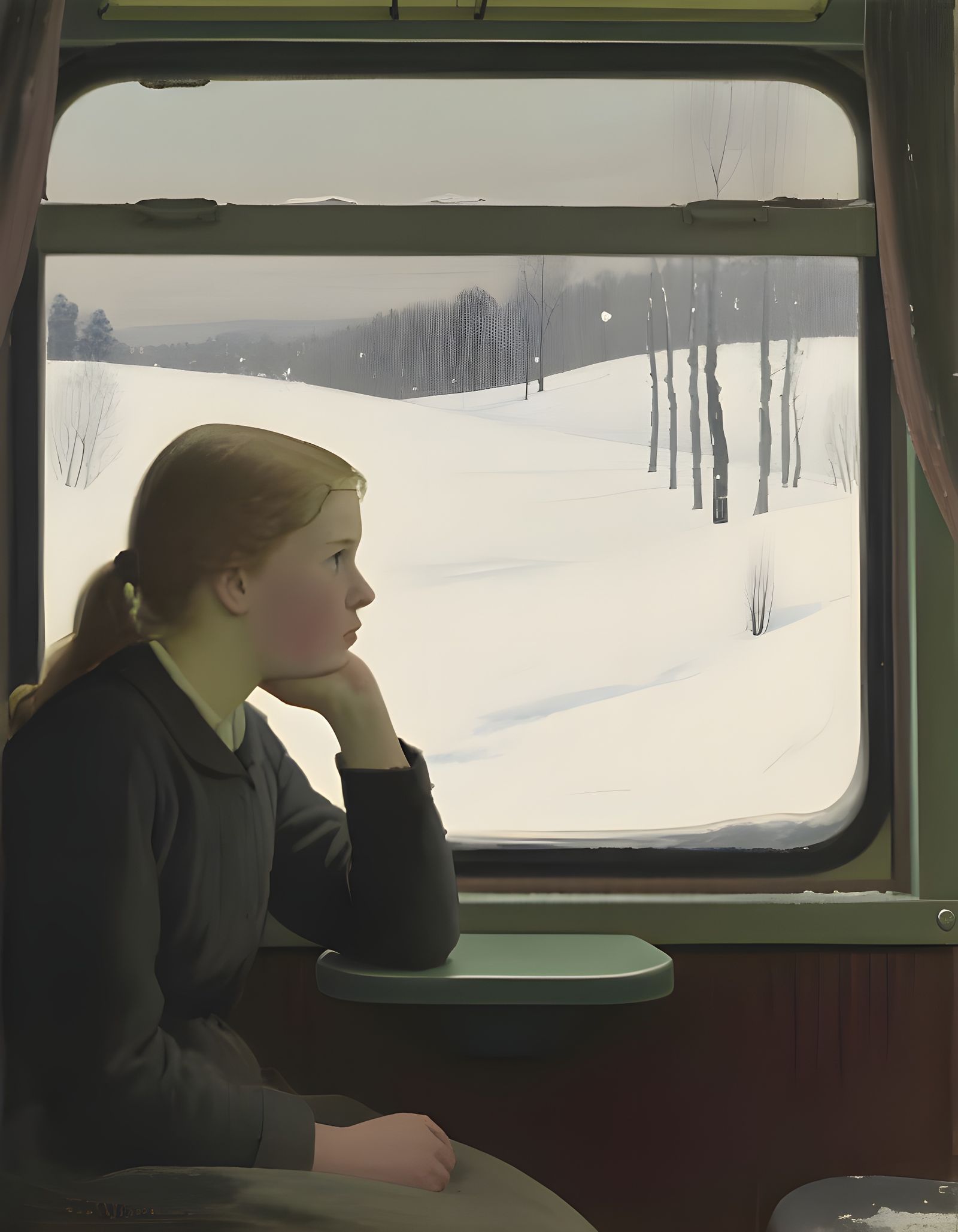 Girl Watches Snowy Landscape From Train Window