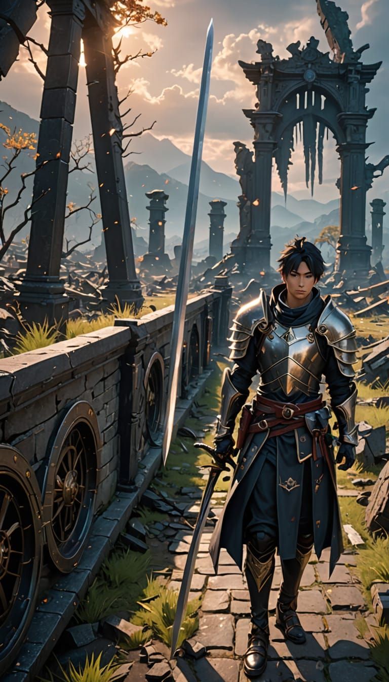 Heroic Warrior on a Battle-Scarred Battlefield