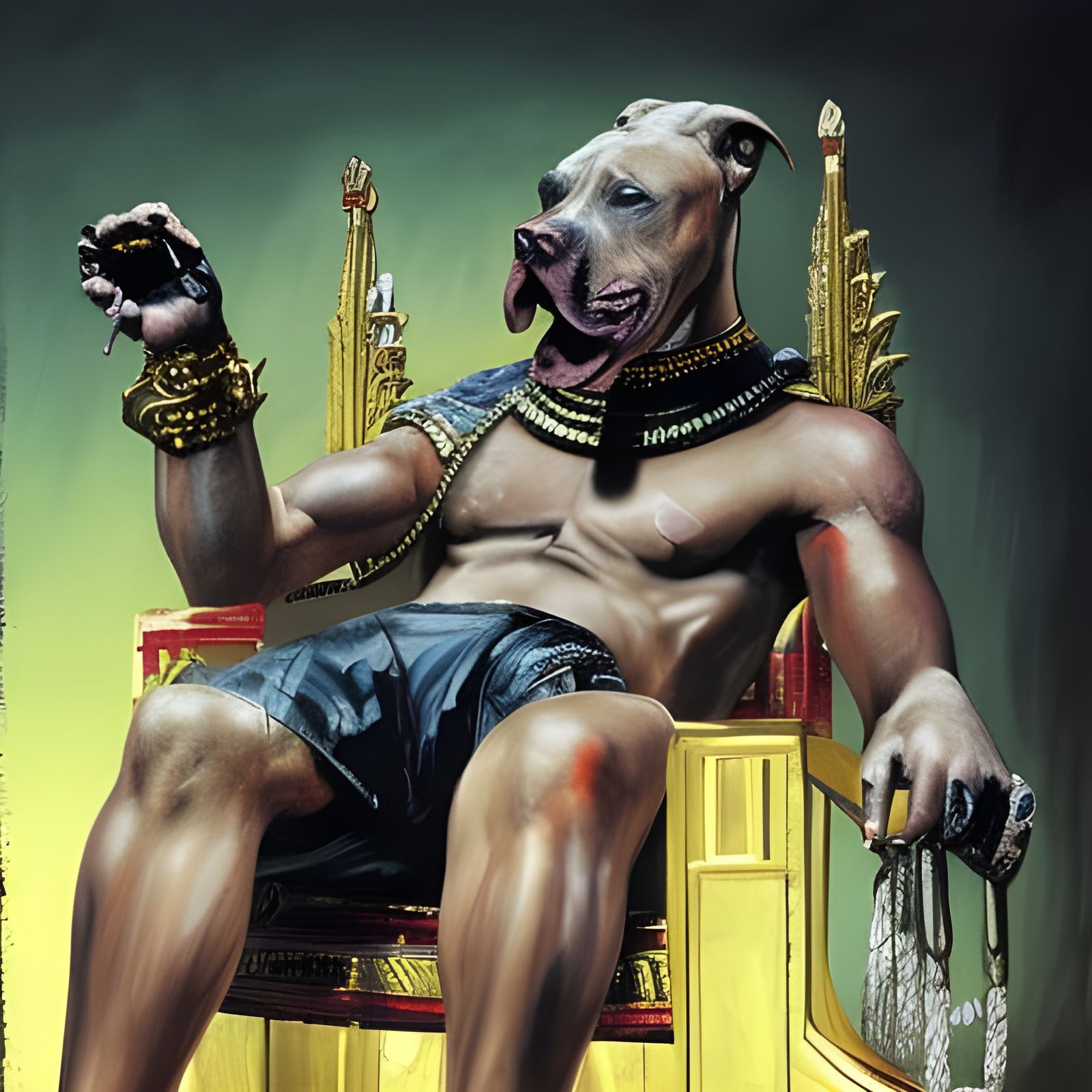 Pitbull Chews on Bloody Leg of Pharaoh in Dark Fantasy Portr...