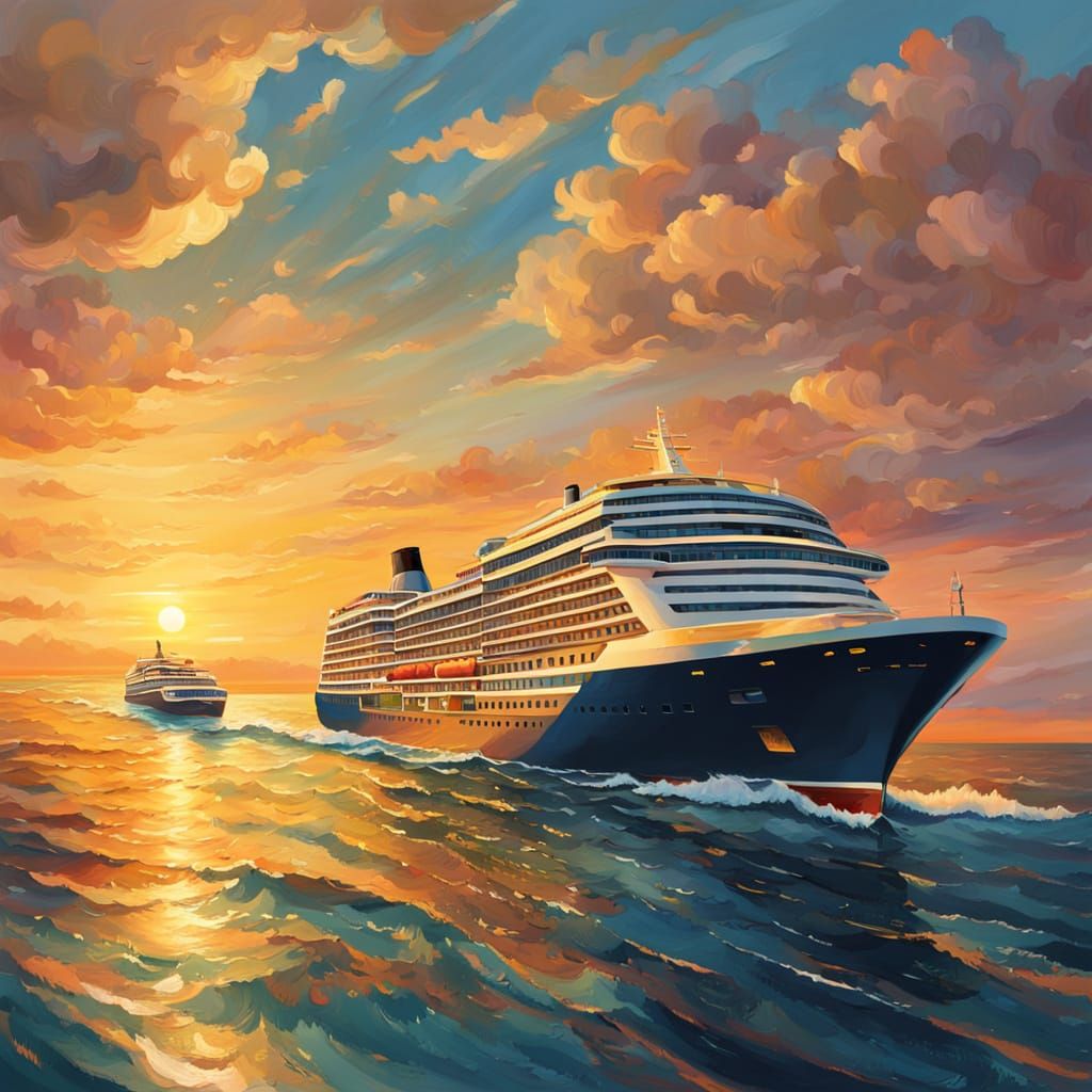 Luxury Cruise at Sunset: Vibrant Oil Painting