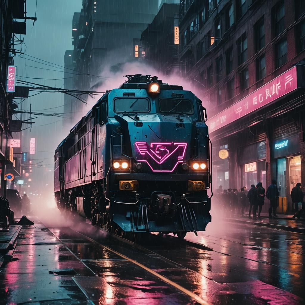 Massive Locomotive Charging Through Cyberpunk City