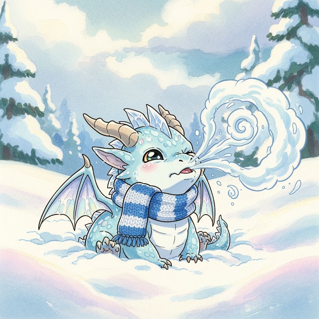 Cute Baby Ice Dragon Sneezing in Snow