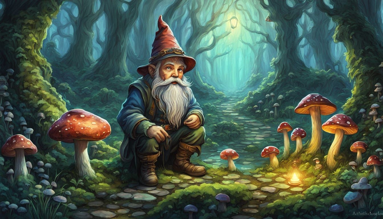 Whimsical Gnome Tending Enchanted Bioluminescent Garden in W...