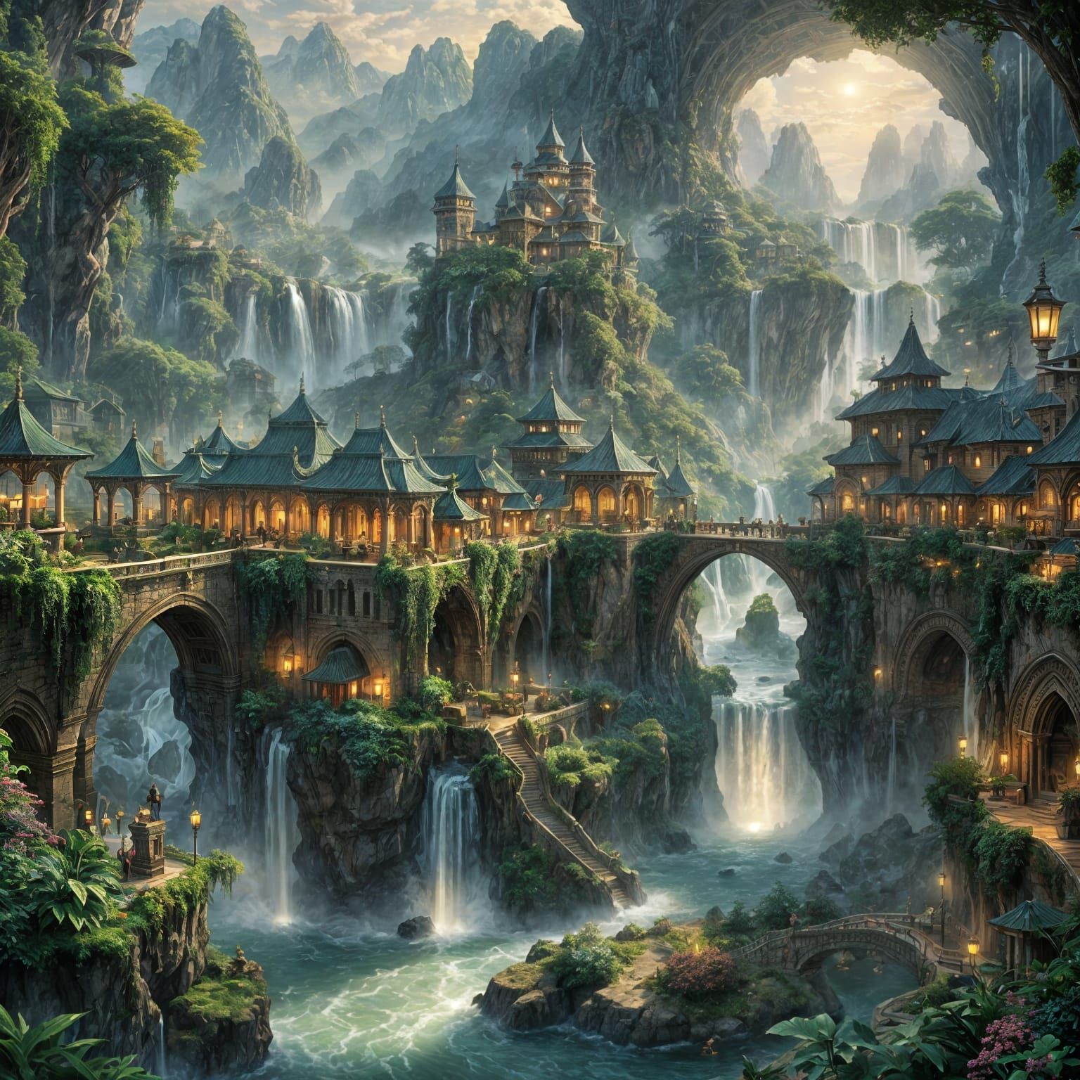 Fantasy River City with Green Earth-Grown Buildings and Crys...