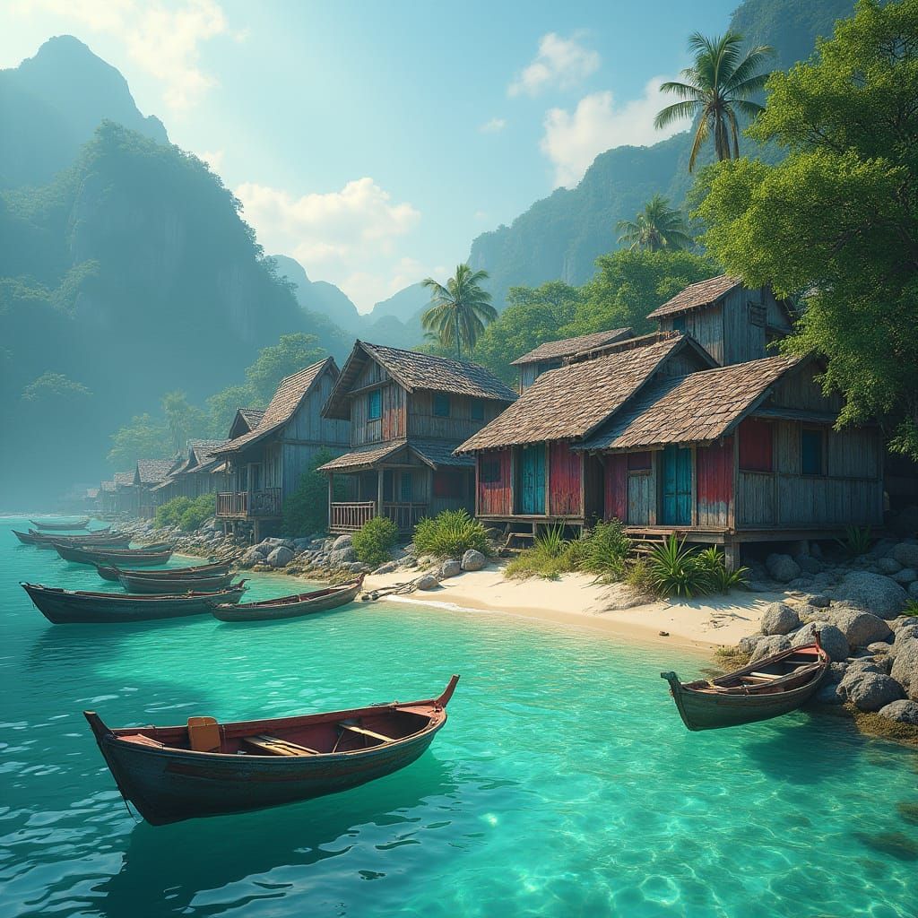 Breathtaking Thailand Island Village with Fishing Boats