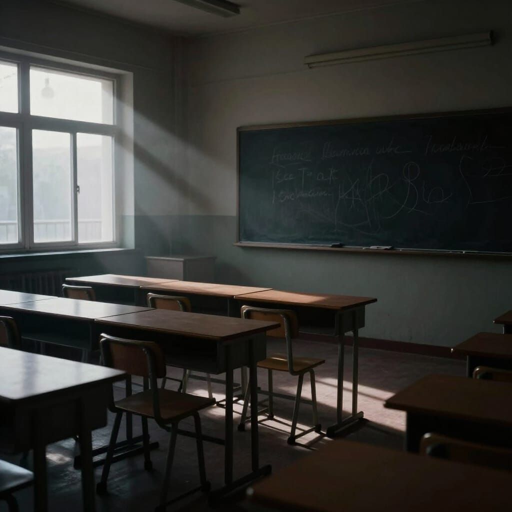 Eerie Classroom After School with Dramatic Shadows