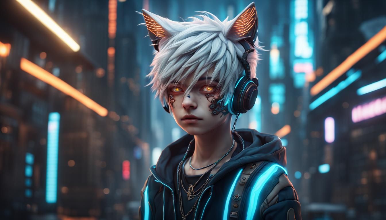 Cyberpunk Neko Boy with Long White Hair and Blue Eyes