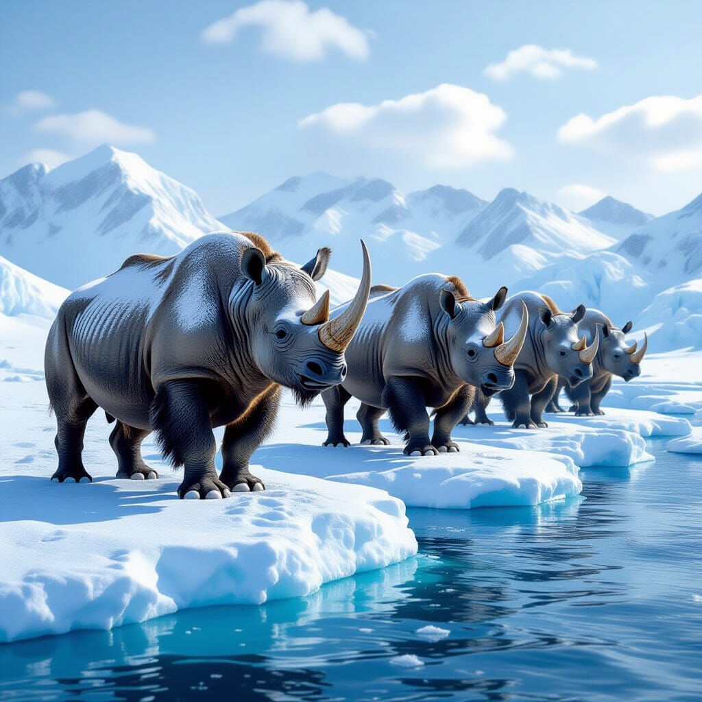Woolly Rhinos Marching on Ice Platforms
