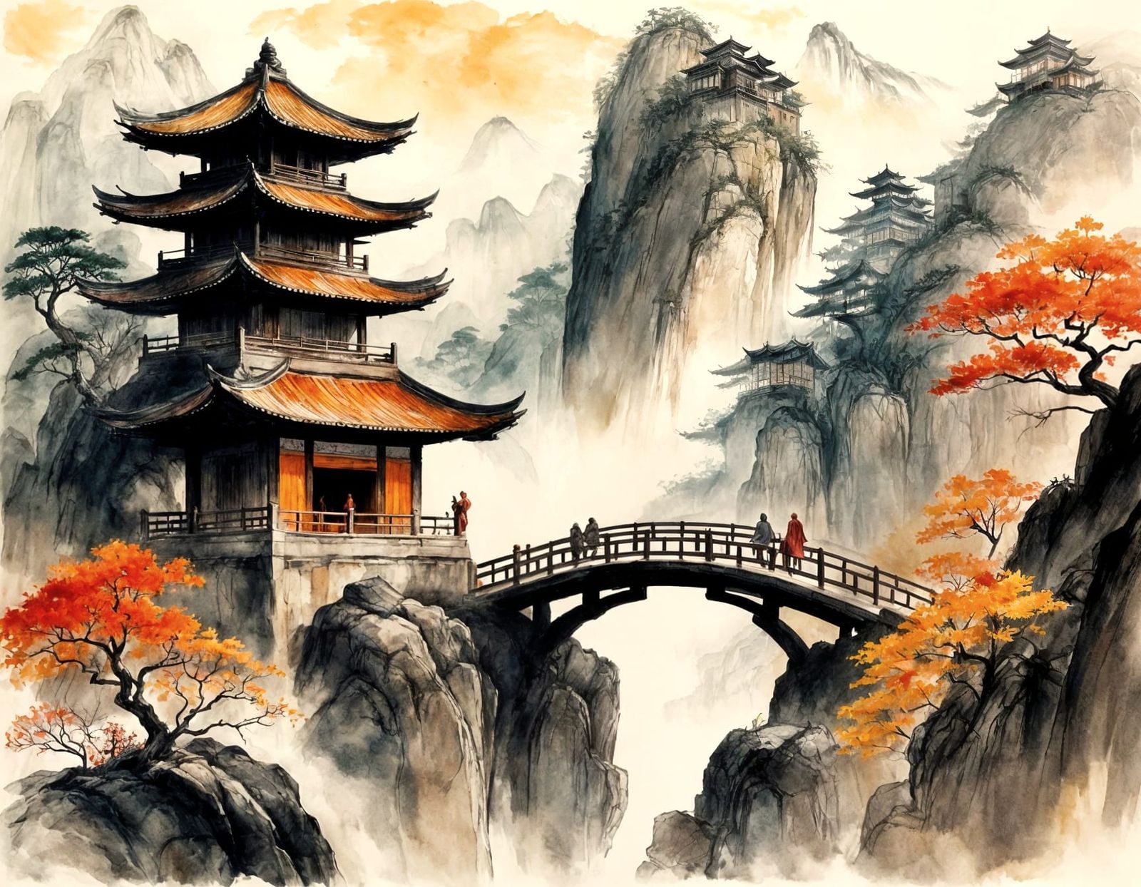 Misty Mountain Temple and Monk on Stone Bridge