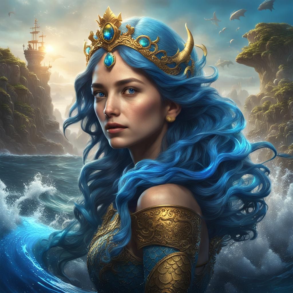 Siren on White Seahorse with Golden Crown and Blue Locks