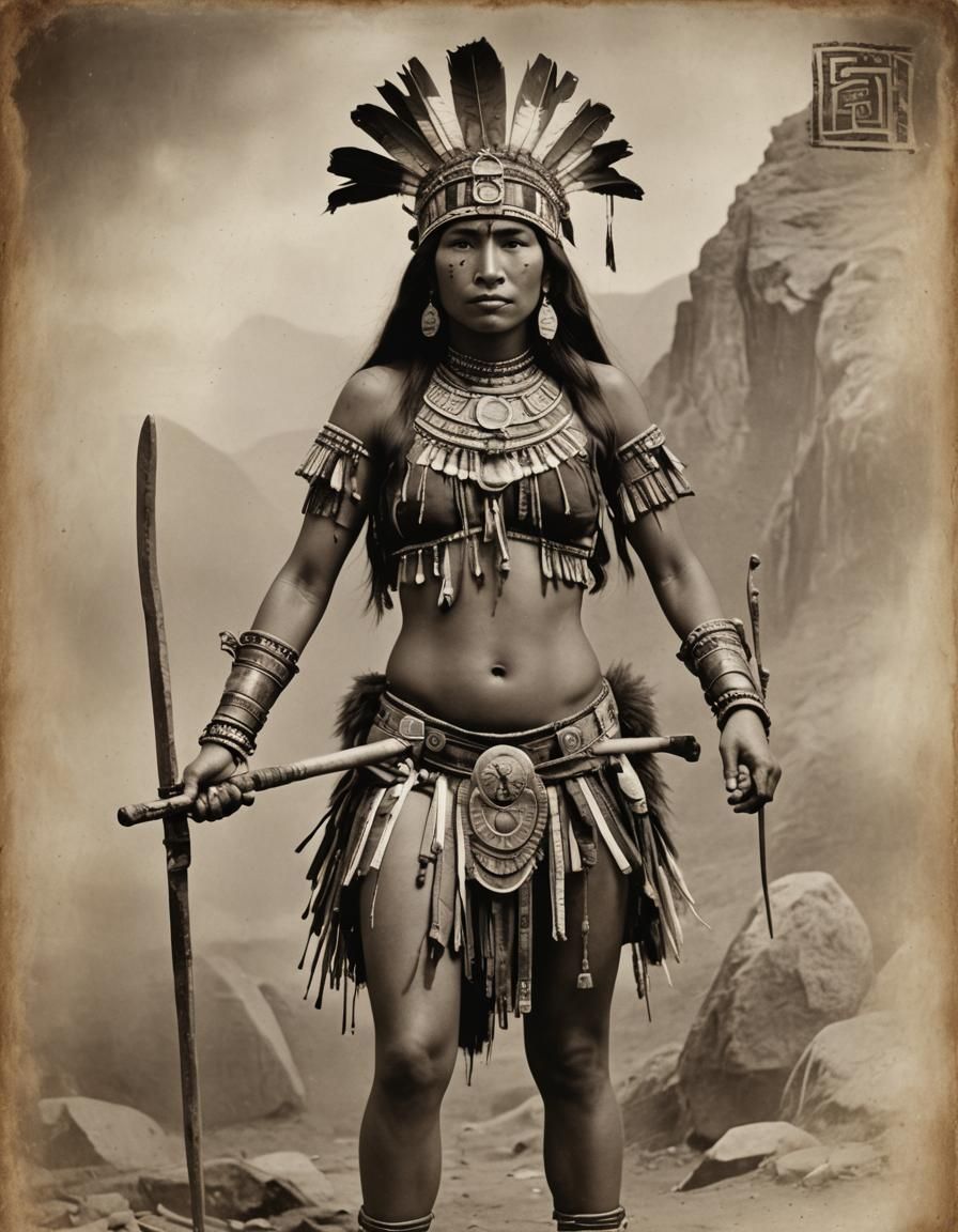 Mujer Inca desnuda artístico, pose guerrera, fondo difuminad...