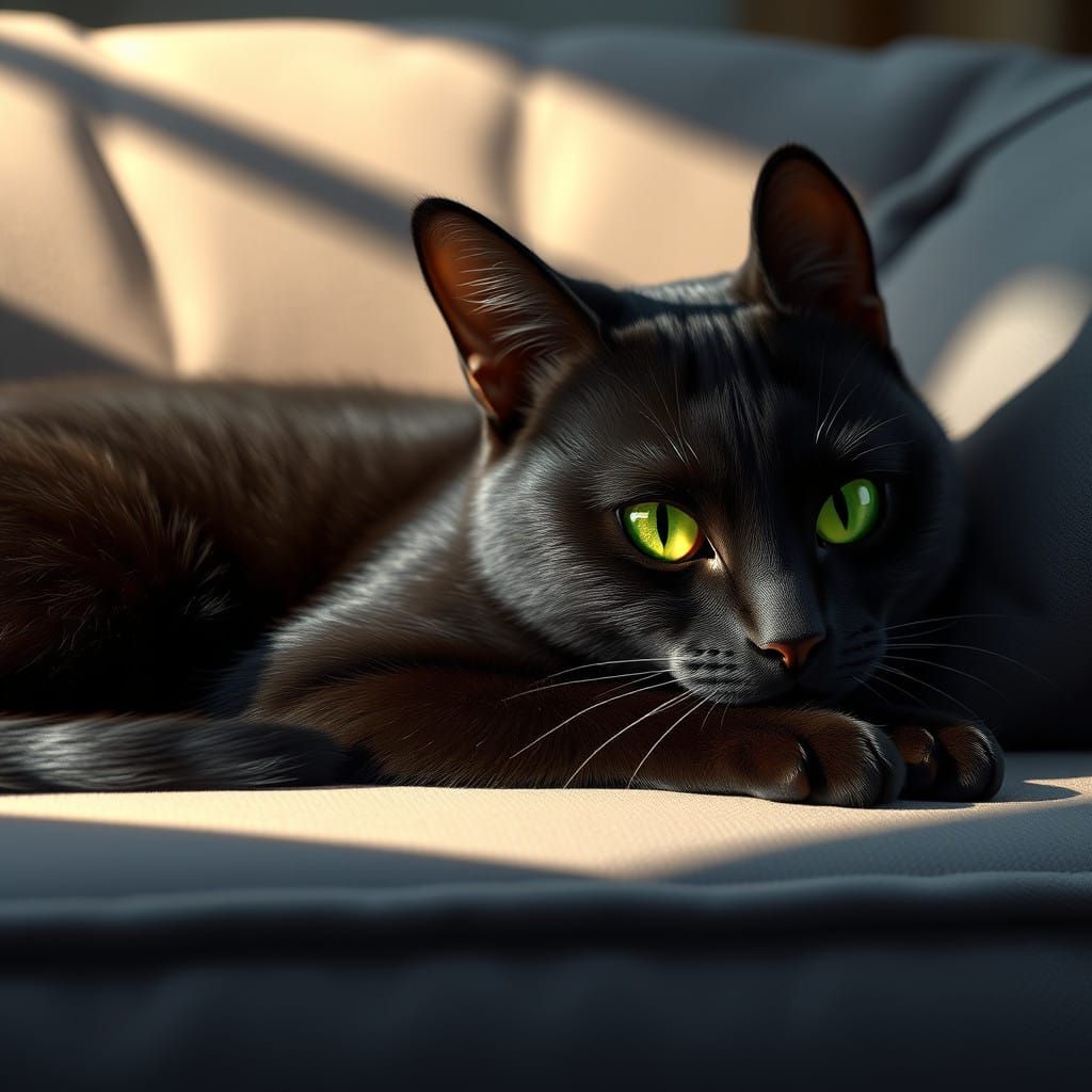 Sleek Black Cat in Anime Style with Vibrant Green Eyes