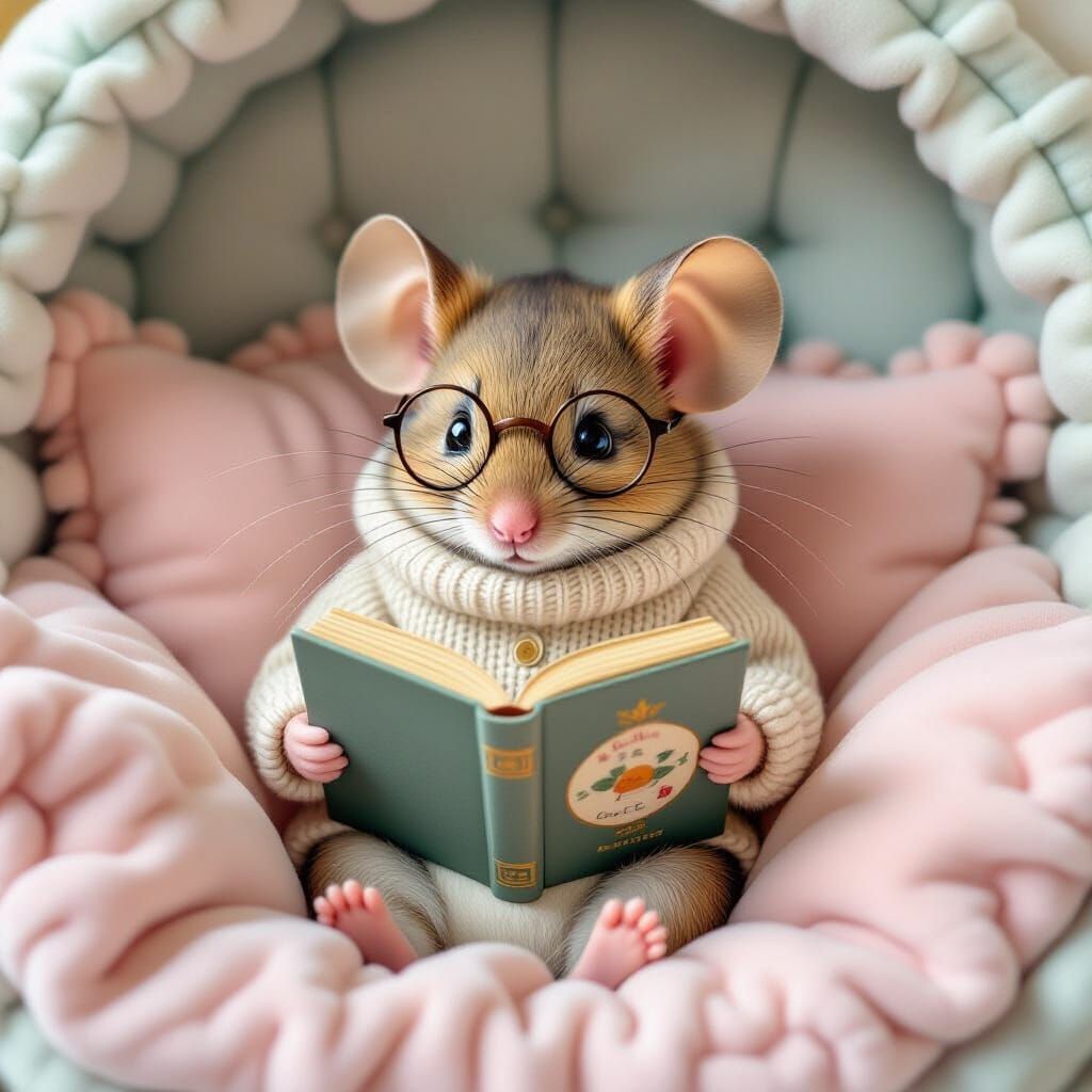 Cozy Mouse Reading Book in Pastel Nook