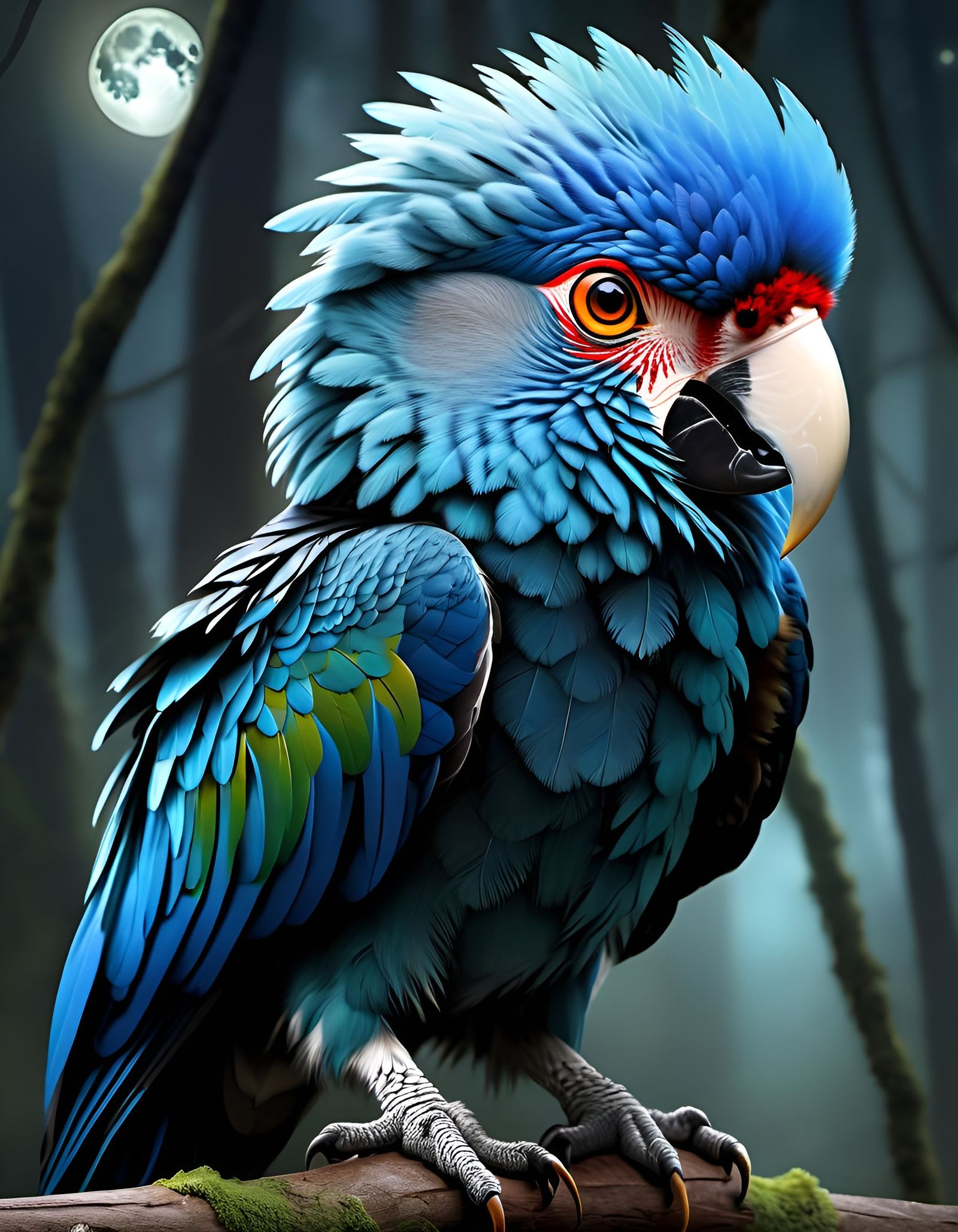 Whimsical Moonlit Coyote Macaw with Glowing Eyes