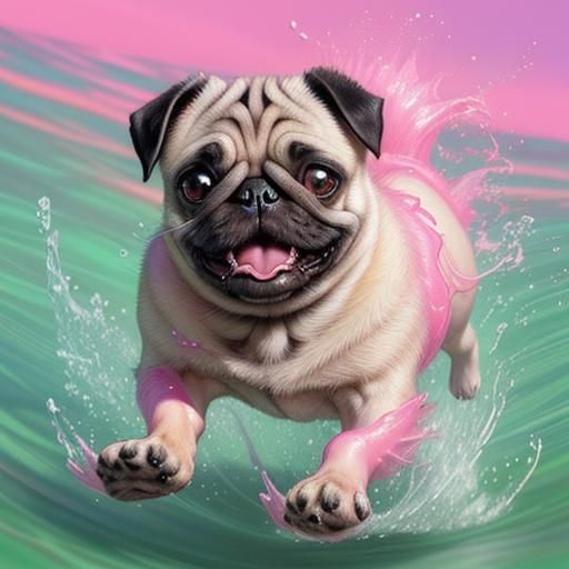 Pug Runs Through Vibrant Pink Water in Hyper-Realistic Art