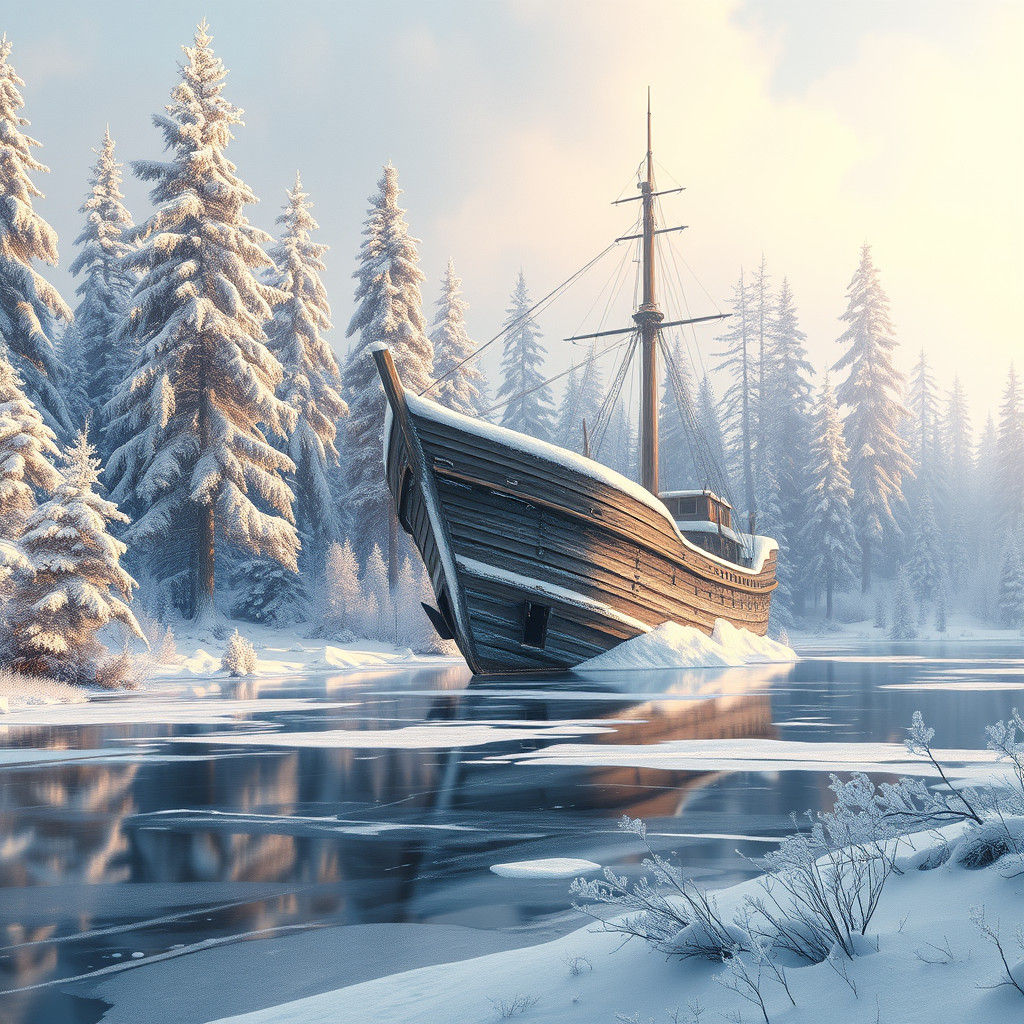 Serenene Snowy Lake Scene with Shipwreck and Pine Trees in C...