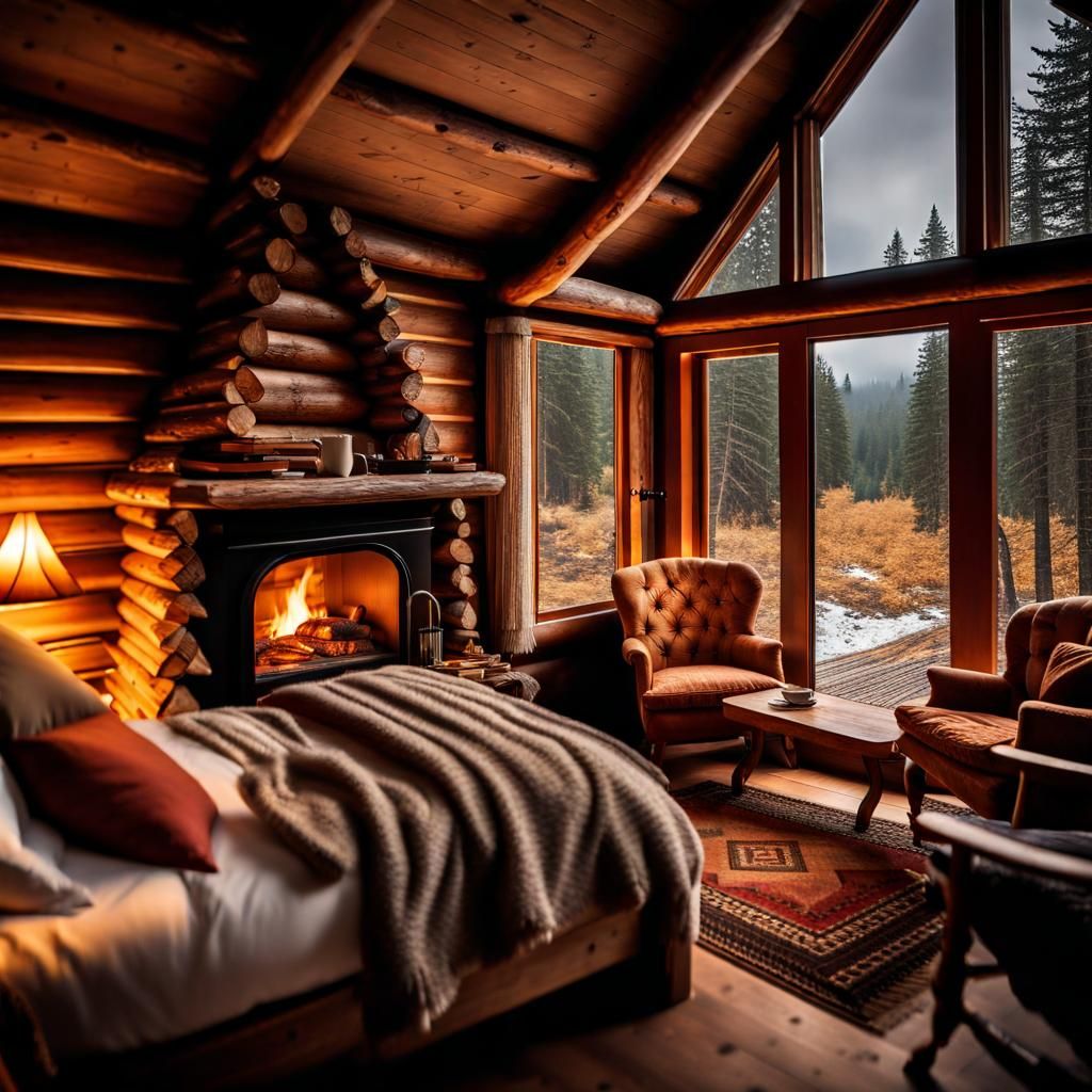 Cozy Wood Cabin Scene in Hyperrealistic Style