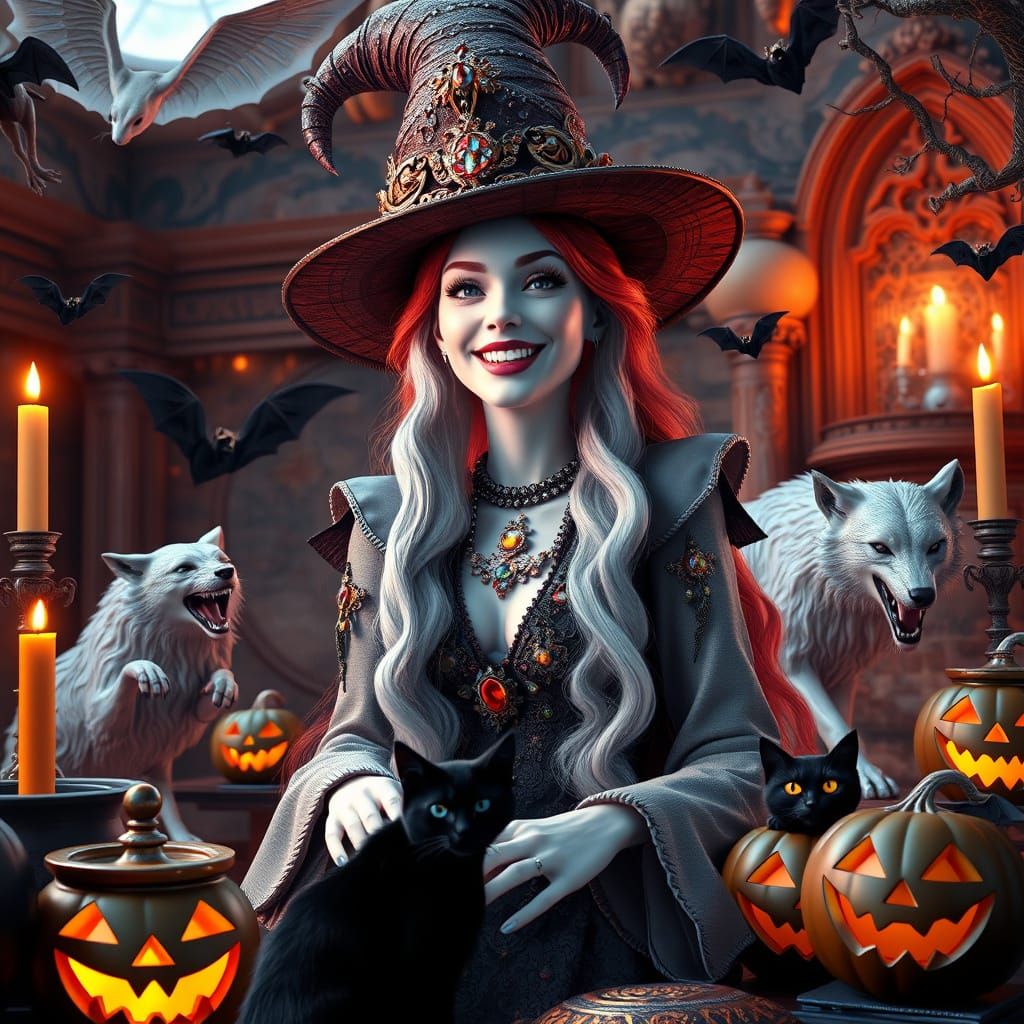 Joyful Witch Queen in Surreal Halloween Baroque Scene