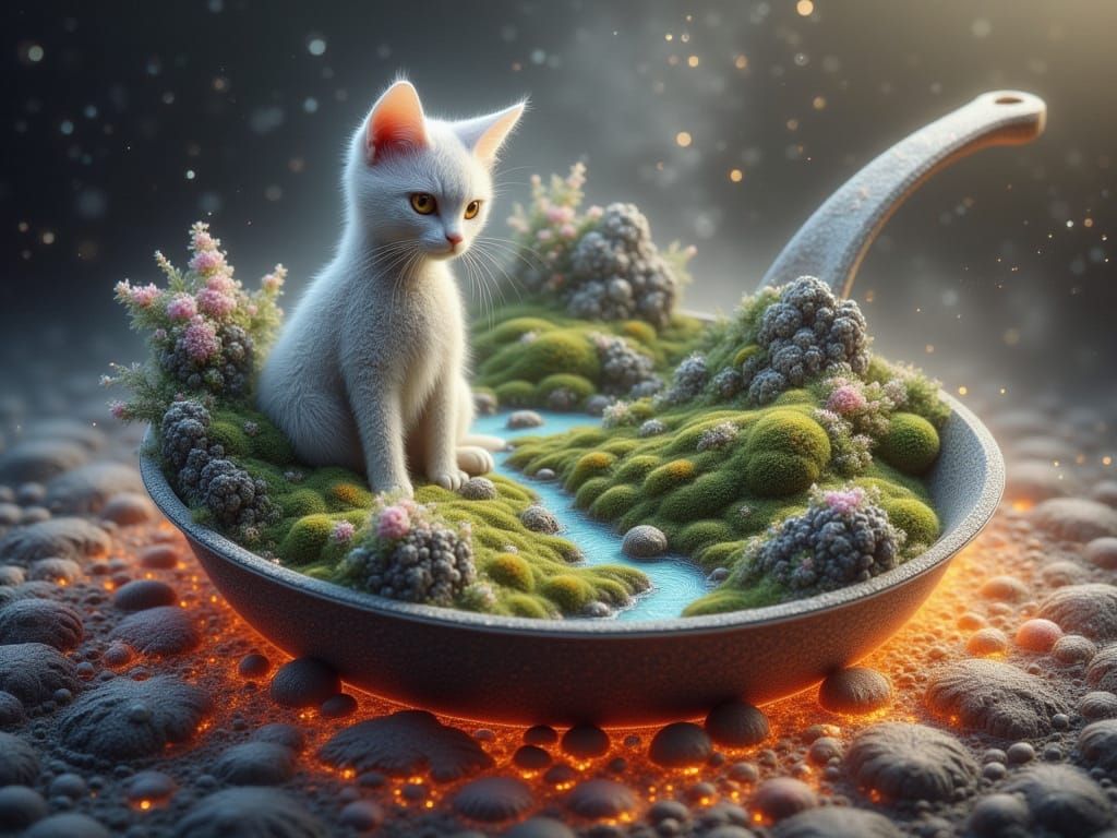Cat Landscape in Frying Pan on Lava, Spray Paint Art
