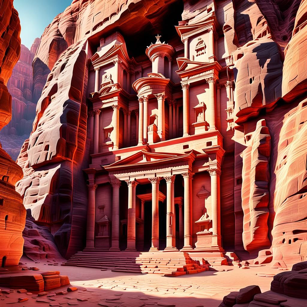 Vivid Petra Carved into Pink Sandstone Cliffs in Hyper-Reali...
