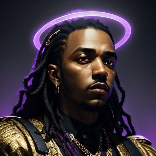 kendrick lamar wearing a halo using only dark-purple and gol...