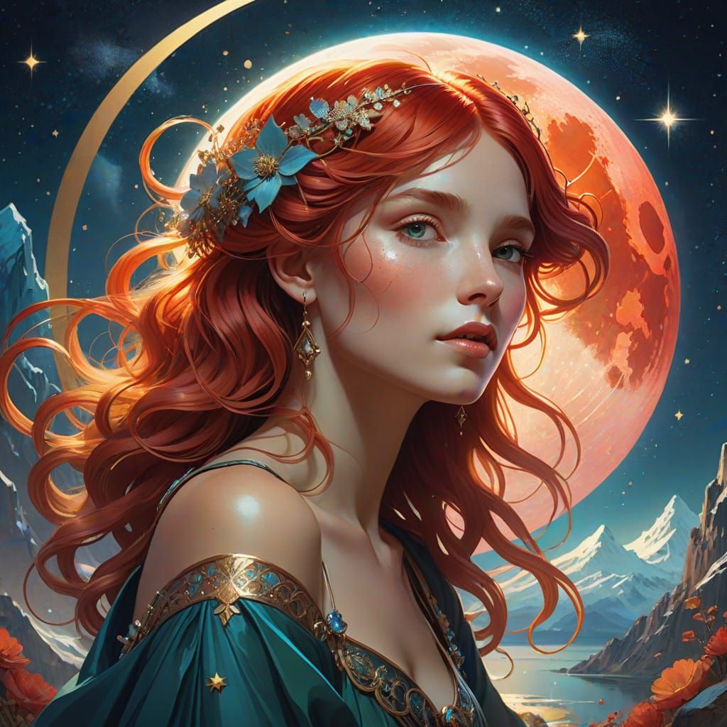 Surreal Portrait of a Red-Haired Woman in a Starry Sky