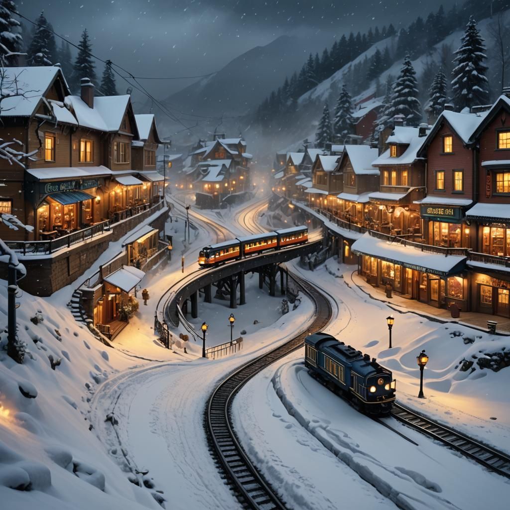 Fantastical Winter Wonderland Scene with Toy Train and Cozy....