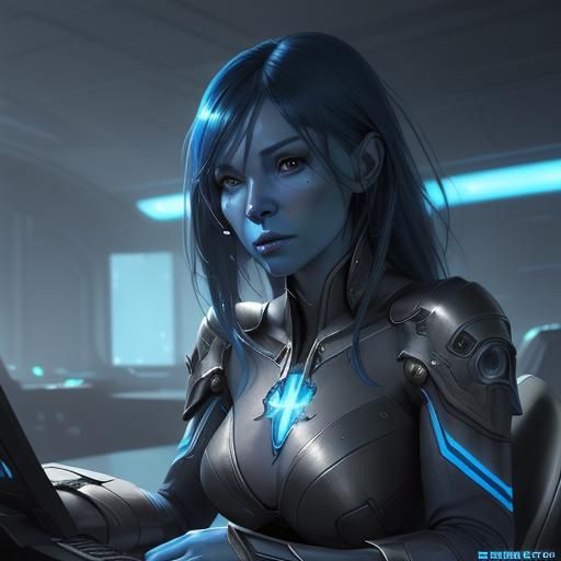 Slender Blue Woman Conquers the Cosmos in Neon Hues