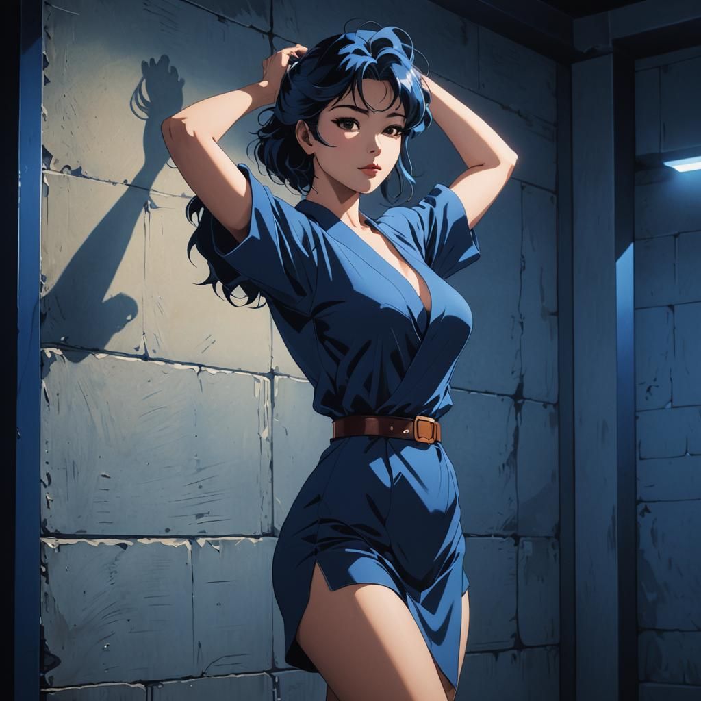 Retro Anime Portrait in Deep Blue Light