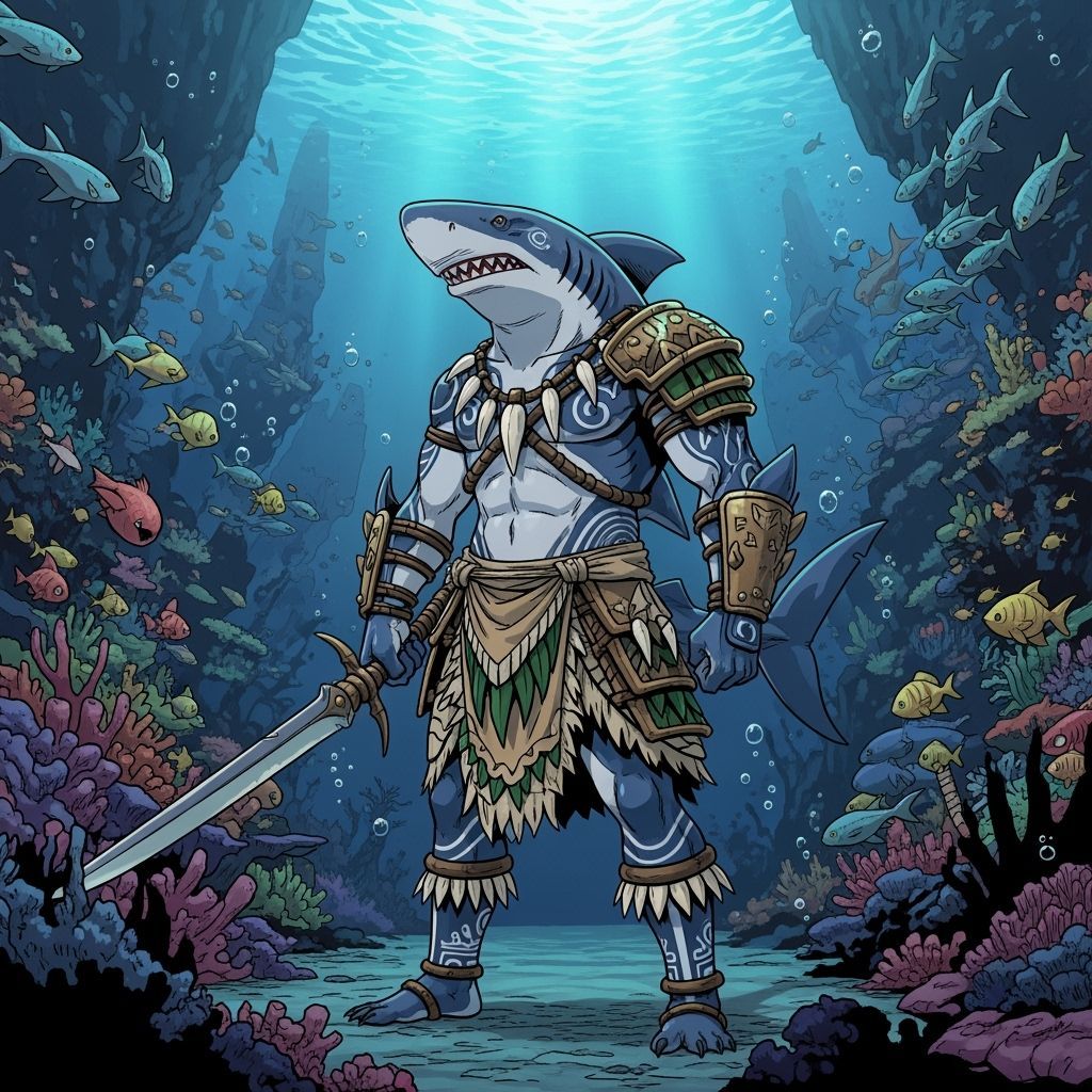 Sharkfolk Warrior in Polynesian Underwater Realm