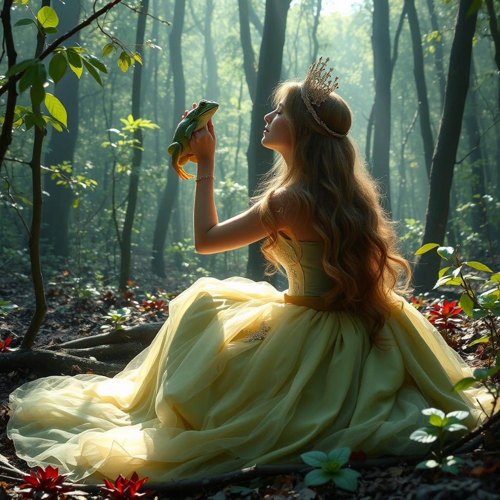A Princess Kisses a Frog in Enchanting Forest Landscape