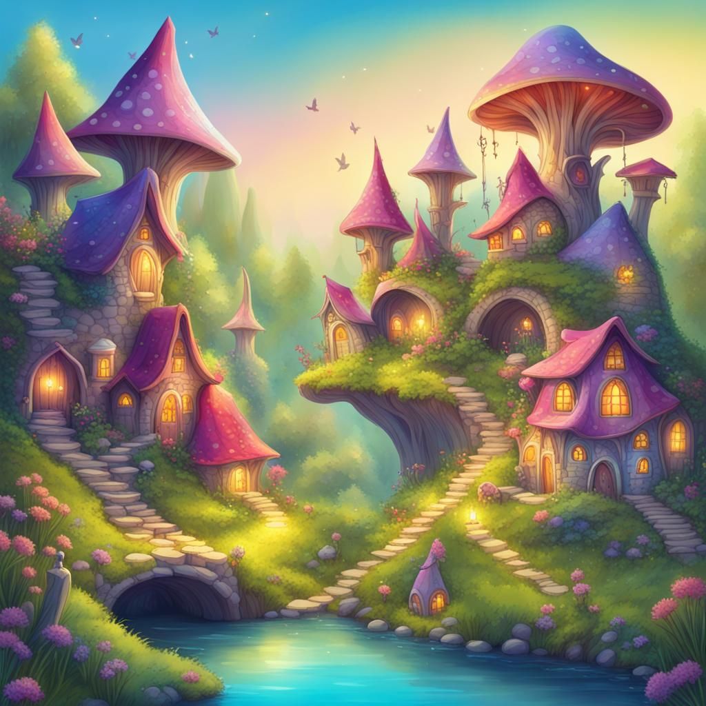 Enchanted Fairy Village in Vibrant Colors