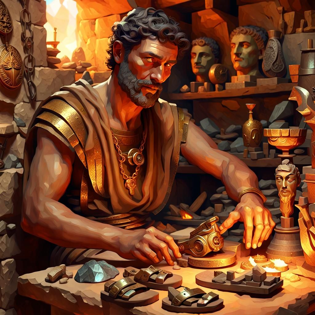 Greek God Hefesto Crafts Sandals of Hermes in a Warm Worksho...
