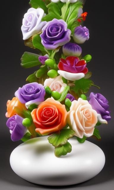 A beautiful fluorescent deep rich orange rose with purple and white roses around it. Made out of porcelain and curly map...