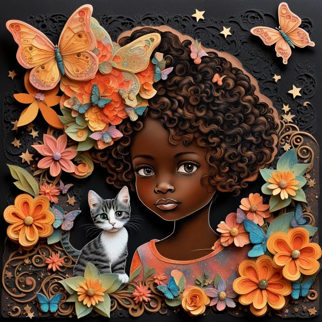 Vintage-Inspired Girl with Flowers, Butterflies, and Stars