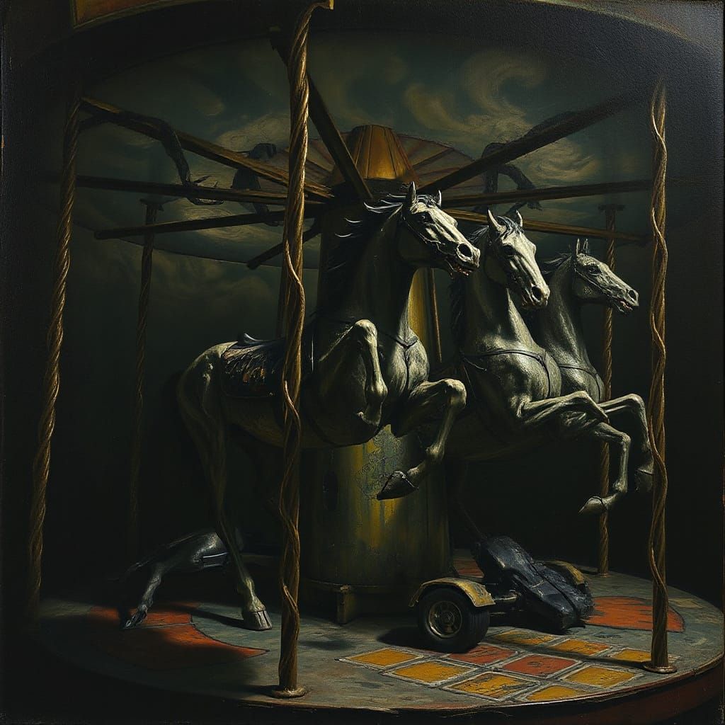 Macabre Carousel Oil Painting in Surrealist Style