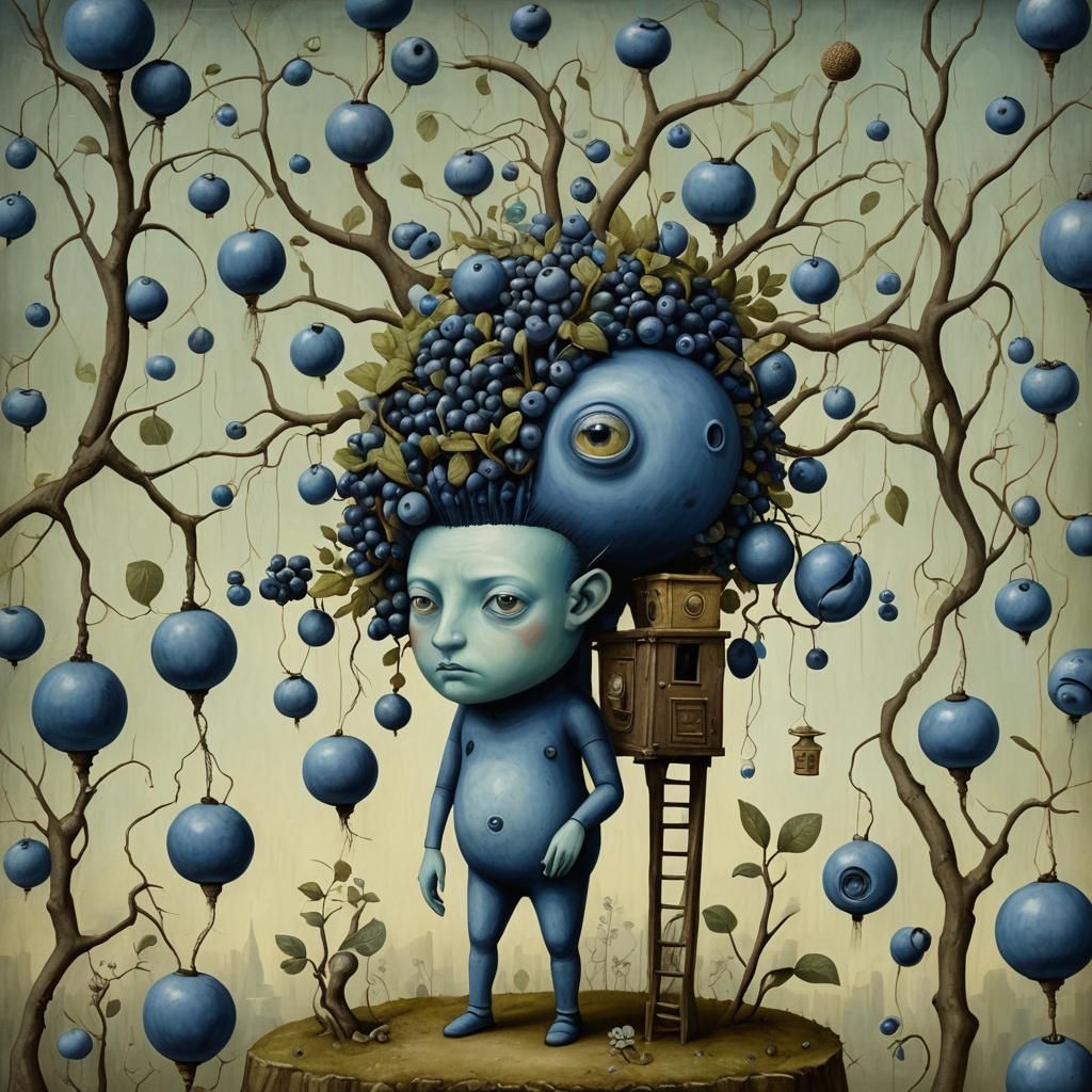 Surrealist Masterpiece with Giant Blueberry Amidst Whimsical...